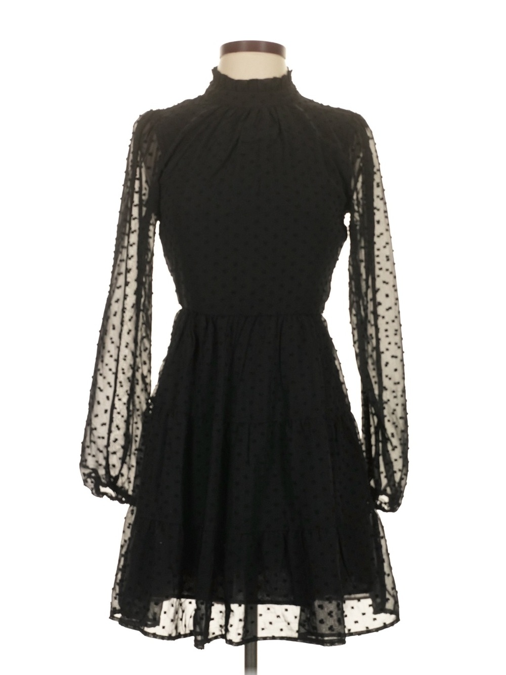 Altar’d State Black Swiss Dot Sheer Sleeve and Back Tiered Mini Dress
